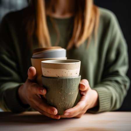 Close up of female hands holding two cups of coffee on wooden tableの素材