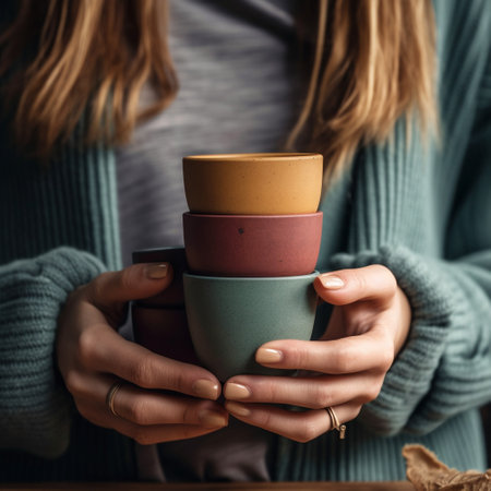 Woman holding two cups of coffee or tea in hands, close upの素材