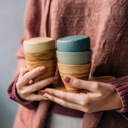 Female hands holding wooden cups with tea or coffee, close-upの素材