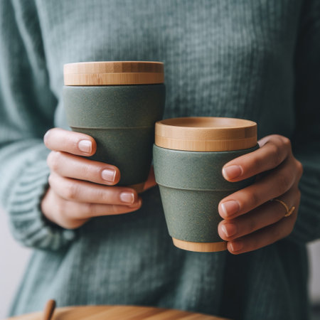 Female hands hold two eco-friendly coffee cups. Zero waste conceptの素材