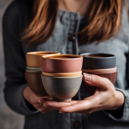 Close up of female hands holding cups of coffee on dark background.の素材