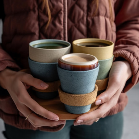 Woman holding plates with cups of coffee, closeup. Food delivery serviceの素材