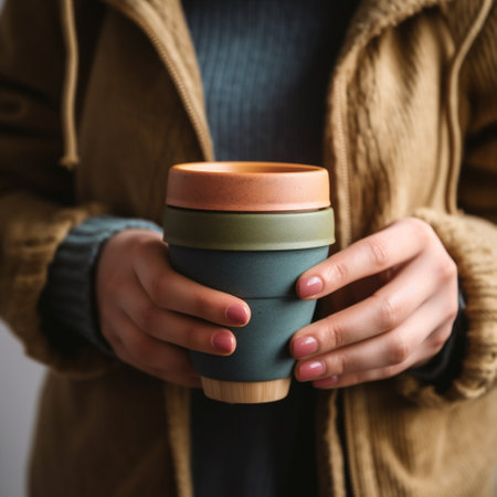 Woman in warm sweater holding cup of hot drink, closeup viewの素材