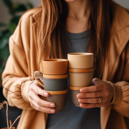 Cropped image of young woman in brown coat holding two cups of coffee.の素材