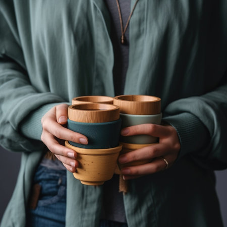 cropped view of woman in green sweater holding cups of coffee isolated on greyの素材