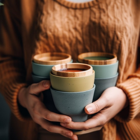 Coffee mugs in hands of a young woman in a knitted sweaterの素材