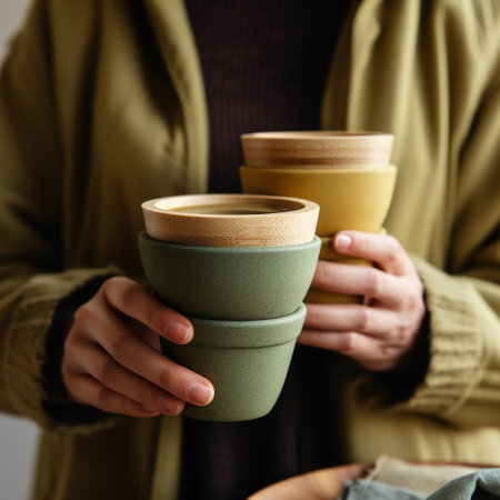 Woman holding cups of hot drink, closeup. Winter warming beverageの素材