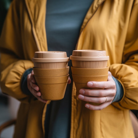 cropped shot of woman in yellow coat holding paper cups of coffeeの素材