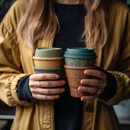 cropped view of woman in yellow coat holding paper cups with coffeeの素材