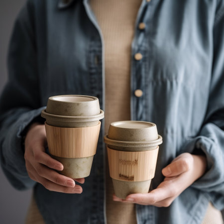 Woman holding two wooden cups of coffee, closeup. Coffee breakの素材