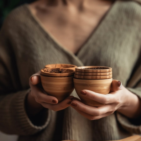 Woman in a warm sweater holding wooden cups with coffee. Closeup.の素材