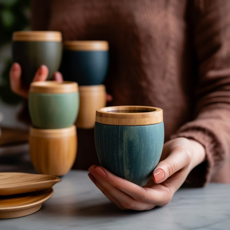 Close up of female hands holding wooden cup with tea or coffee.の素材