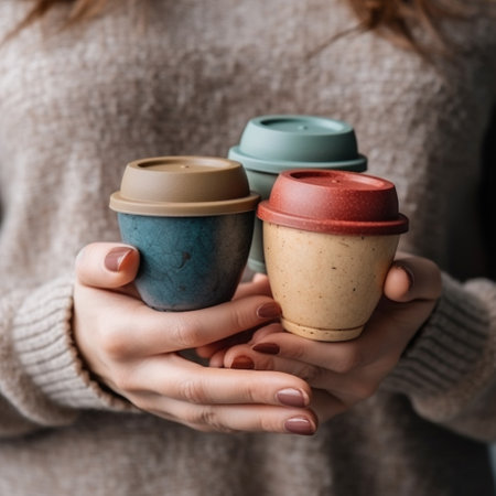 Female hands holding two cups of coffee or tea. Close up.の素材