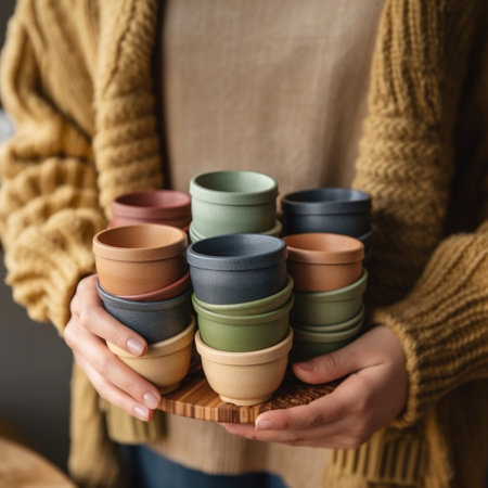 Close up of woman holding a wooden tray with multicolored ceramic potsの素材