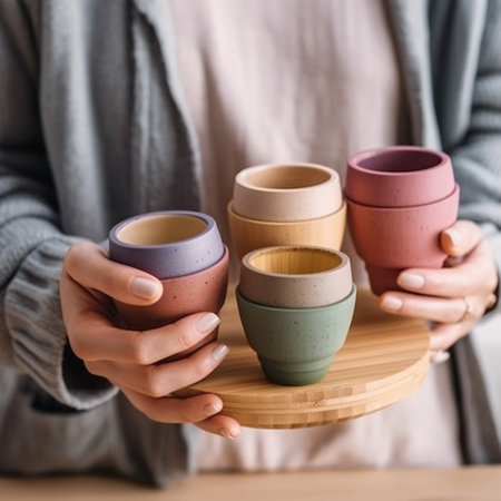 Close up of female hands holding wooden tray with cups of tea or coffeeの素材