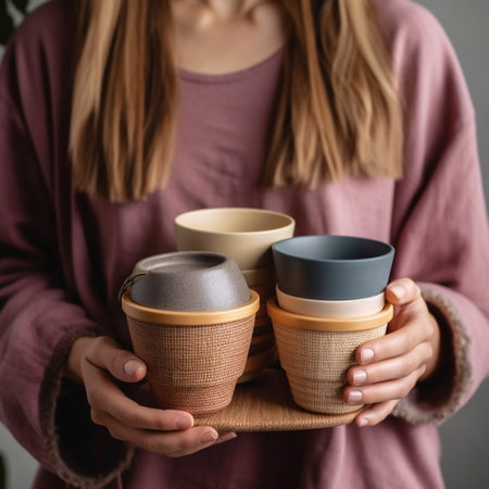 Female hands holding two eco-friendly cups for coffee or tea.の素材