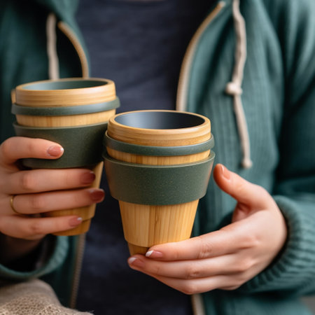 Close-up of two eco-friendly coffee cups in female handsの素材