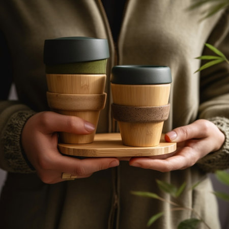 Female hands holding eco friendly wooden coffee cups. Zero waste concept.の素材