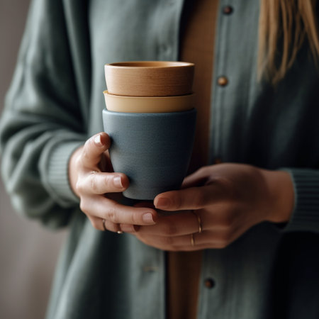 Close up of a woman holding a cup of coffee in her handsの素材