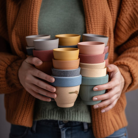 Close up of woman holding a stack of coffee cups in her handsの素材