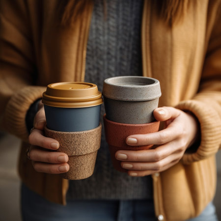 Close up of female hands holding two paper cups of coffee or teaの素材