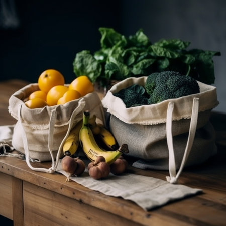 Vegetables and fruits in reusable cotton shopping bags. Zero waste concept.の素材