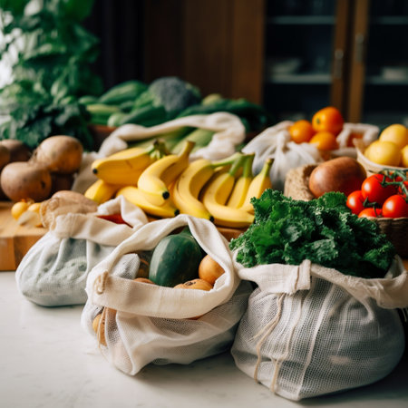 vegetables and fruits in reusable cotton shopping bags, zero waste conceptの素材