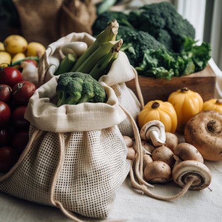 Vegetables and fruits in reusable shopping bags. Zero waste concept.の素材