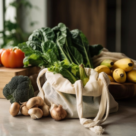 vegetables and fruits in a textile bag on the kitchen tableの素材