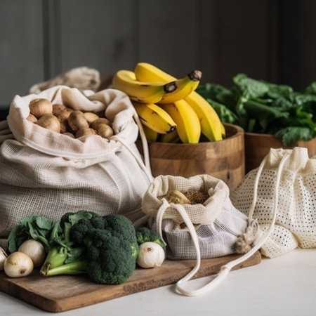 Zero waste, plastic free shopping concept. Reusable shopping bags with vegetables and fruits. Sustainable lifestyle.の素材
