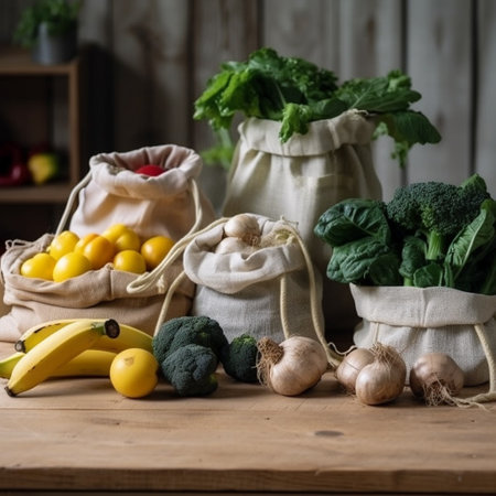 Zero waste shopping. Groceries, fruits and vegetables in canvas bags on wooden background.の素材