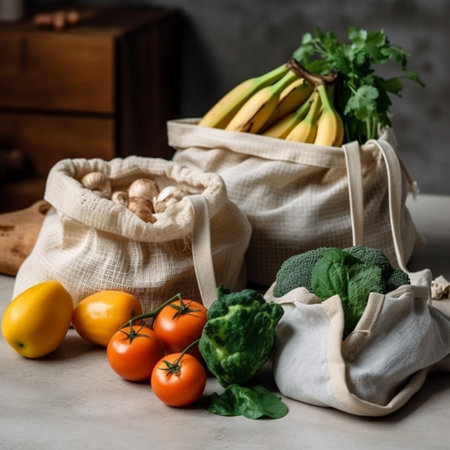 Fresh vegetables and fruits in reusable cotton shopping bags. Zero waste concept.の素材