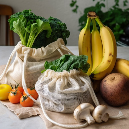 Zero waste shopping concept. Reusable shopping bag with fruits and vegetables.の素材