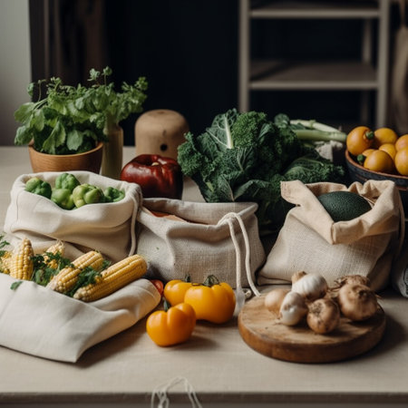 vegetables and fruits in reusable shopping bags on table in kitchenの素材