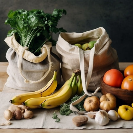 Vegetables and fruits in reusable cotton bags. Zero waste concept.の素材