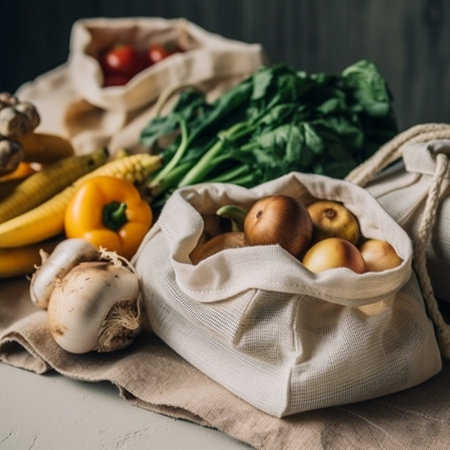 Zero waste shopping concept. Eco bag with vegetables and fruits on wooden backgroundの素材