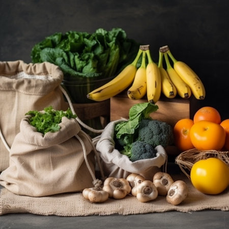 Vegetables and fruits in eco cotton bags. Zero waste concept.の素材