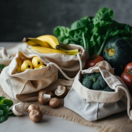 Zero waste shopping concept. Eco friendly mesh bag with vegetables and fruits on white wooden background.の素材