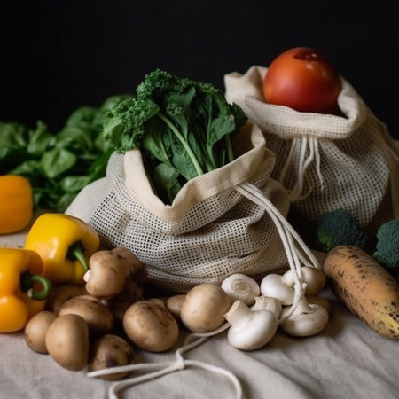 Groceries and vegetables in a textile bag on a black backgroundの素材
