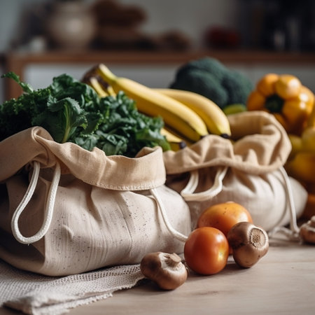 Eco bag with vegetables and fruits on the kitchen table. Zero waste concept.の素材