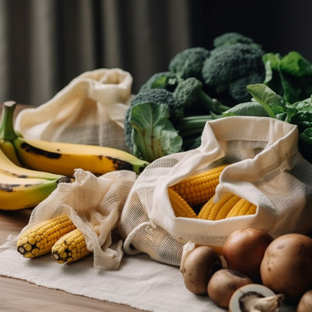 Vegetables and fruits in reusable cotton shopping bags. Zero waste concept.の素材