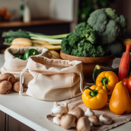 vegetables and fruits in reusable shopping bags on kitchen countertopの素材