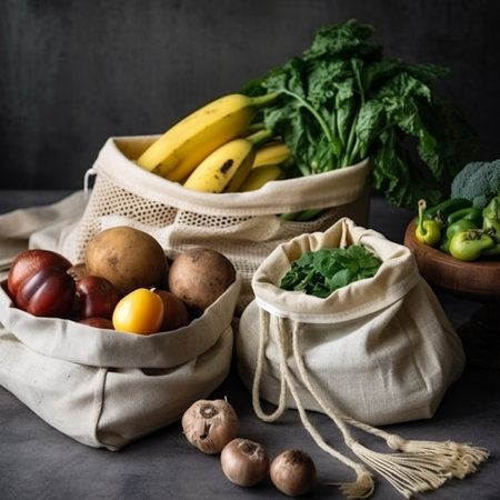 Zero waste shopping concept. Reusable shopping bags with vegetables and fruits. Sustainable lifestyle.の素材