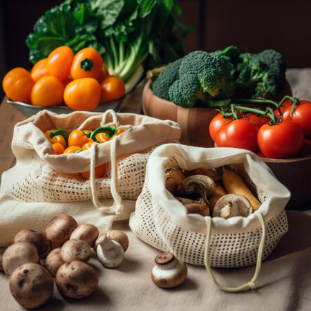 vegetables in reusable cotton bag on wooden table. zero waste conceptの素材