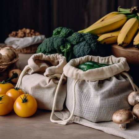 Zero waste shopping. Eco friendly bag with vegetables and fruits. Sustainable lifestyle.の素材