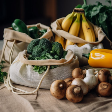 vegetables and fruits in reusable shopping bags, zero waste conceptの素材