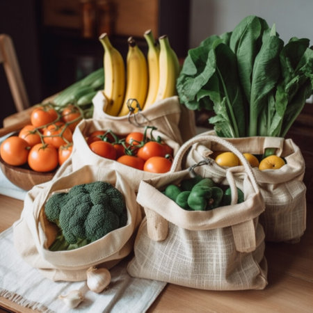 vegetables in reusable cotton bag on wooden table, zero waste conceptの素材