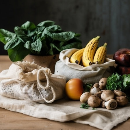 Vegetables and fruits in a bag on a wooden background.の素材