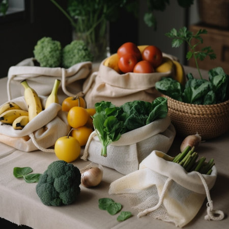 Vegetables and fruits in reusable shopping bags. Zero waste, plastic free concept.の素材