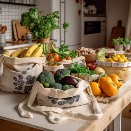 vegetables in reusable shopping bags on the table in the kitchenの素材